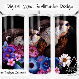 Sea Otters - Digital 20oz Skinny Tumbler Wrap Under The Sea Ocean Floral Cute Otter Tapered Straight Sublimation Design PNG Instant Download