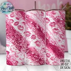 May include: Three 20 ounce stainless steel tumblers with a pink and white glitter design featuring a pattern of pink lips.  Digital 20 oz. Design.