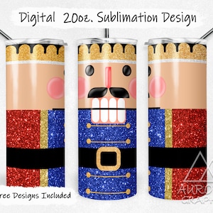 May include: A sublimation design for a 20 oz tumbler featuring a nutcracker with a red, gold, and blue glitter pattern. The design includes the text "Digital 20oz. Sublimation Design".