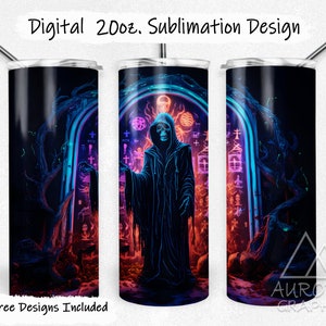 May include: A sublimation design for a 20 oz. tumbler featuring a hooded figure standing in a doorway with glowing neon symbols and a dark, shadowy background.