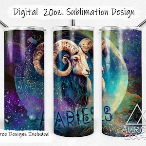 Può includere: Un design di sublimazione per un bicchiere da 20 oz con un'illustrazione colorata di una testa di ariete su uno sfondo stellato e la parola "Aries" in un font stilizzato.