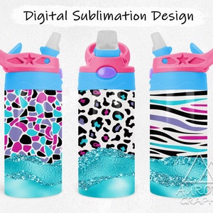 Animal Print - Digital 12oz Kids Tumbler Wrap, Leopard Zebra Sublimation Design Botella de agua Sippy Cup Tapered Straight PNG Descarga instantánea