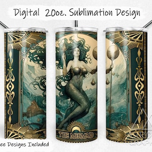 Meerjungfrau Tarot Karte - Digitale 20 Unzen Skinny Tumbler Wrap Siren Schönheit Fantasy Celestial Taper Gerade Sublimation Design PNG Instant Download