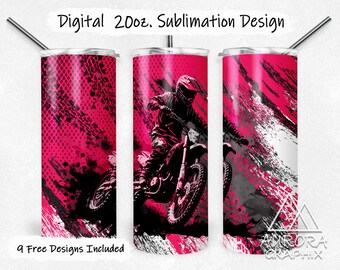 Dirt Bike Pink - Digital 20oz Skinny Tumbler Wrap Motorcycle Motocross Biker Girl Tapered Straight Sublimation Design PNG Instant Download
