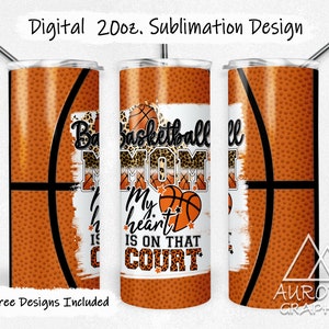 Basketball Mom - Digital 20oz Skinny Tumbler Wrap Sports Team Brush Stroke Seamless Tapered Straight Sublimation Design PNG Instant Download