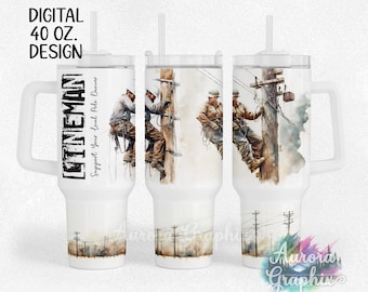 Lineman - Digital 40oz Dupe Tumbler Wrap Watercolor Occupation Dad Seamless Tapered Straight Sublimation Design PNG Instant Download