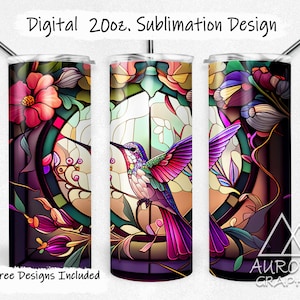 Hummingbird - Digital 20oz Skinny Stained Glass Tumbler Wrap Floral Flower Bird Seamless Tapered Straight Design PNG Instant Download
