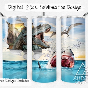Jurassic Szene - Digitale 20 Unzen Skinny Tumbler Wrap Megalodon T-Rex Dinosaurier Haie Ozean Straight Tapered Sublimation PNG Instant Download