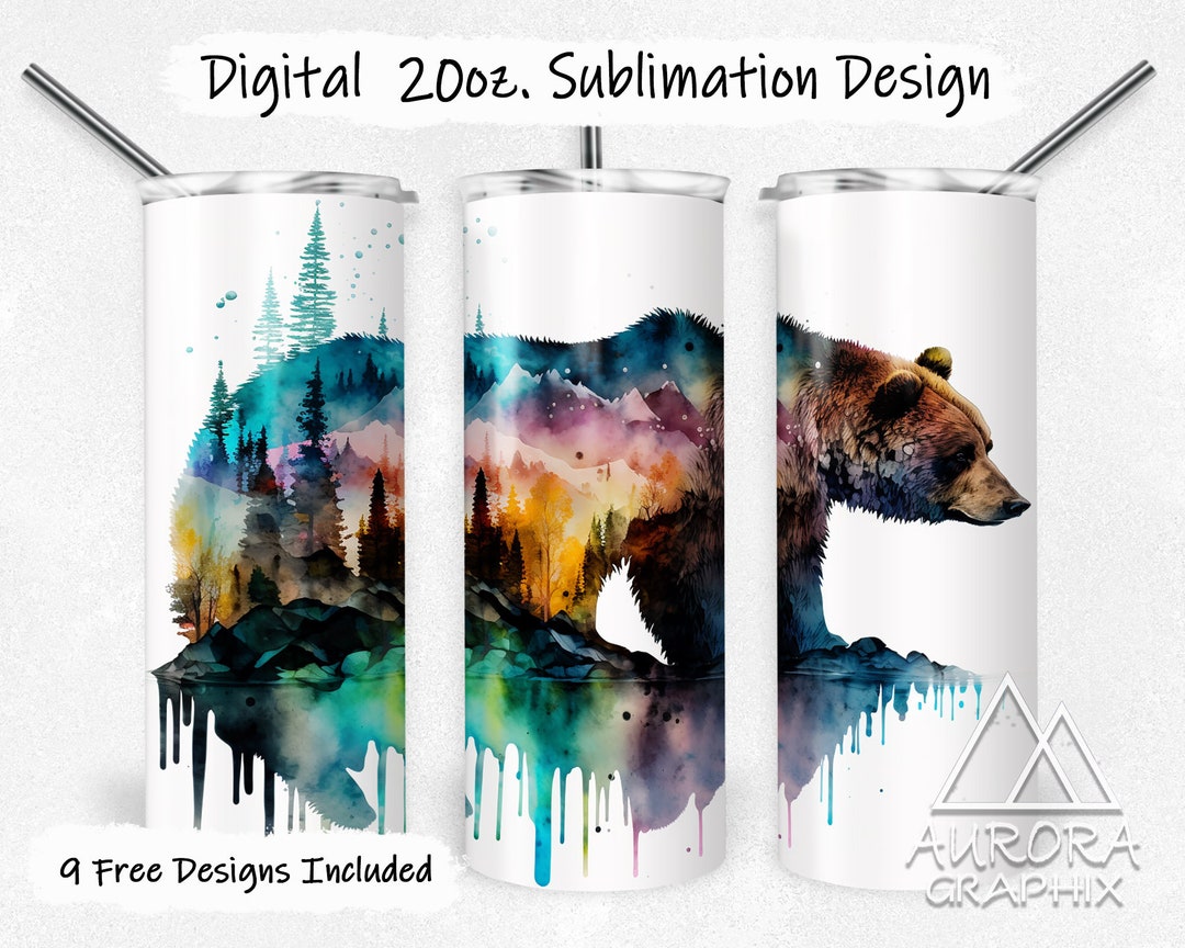 Watercolor Bear - Digital 20oz Skinny Tumbler Wrap Landscape Forest ...