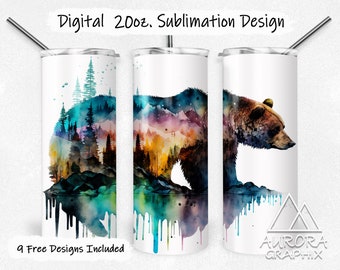 Watercolor Bear - Digital 20oz Skinny Tumbler Wrap Landscape Forest Nature Seamless Tapered Straight Sublimation Design PNG Instant Download