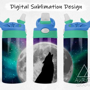 May include: A blue and green water bottle with a wolf howling at the moon and a starry night sky design. The design includes a green and blue aurora borealis effect. The text "AURORA GRAPHIX" is at the bottom of the bottle.