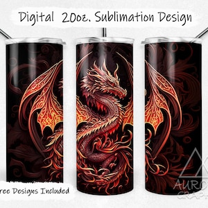 Red Dragon - Digital 20oz Skinny Tumbler Wrap Fantasy Medieval Mosaic Leather Seamless Tapered Straight Design PNG Instant Download