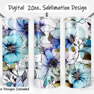 May include: Sublimation design for a 20oz tumbler featuring a watercolor floral pattern with blue, purple, and gray flowers on a white background. The text "Digital 20oz. Sublimation Design" is at the top of the image. The text "9 Free Designs Included" is at the bottom of the image.