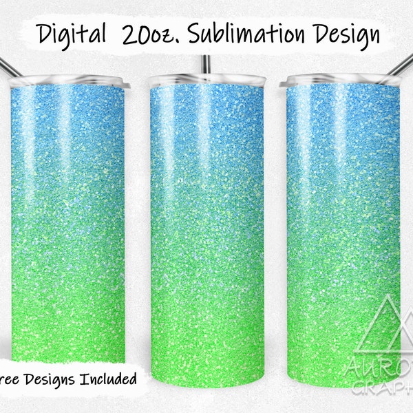 Blue & Green Glitter - Digital 20oz Skinny Tumbler Wrap Ombre Fade Seamless Tapered Straight Sublimation Design PNG Instant Download