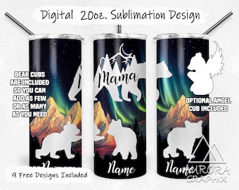 Mama Bear - Digital 20oz Skinny Tumbler Wrap Aurora Northern Lights Nature Seamless Tapered Straight Sublimation Design PNG Instant Download