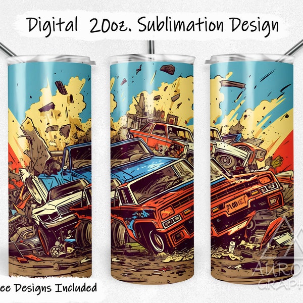 Demolition Derby - Digital 20oz Skinny Tumbler Wrap Crashing Cars Trucks Arena Seamless Tapered Straight Design PNG Instant Download