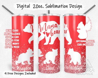Mama Bear - Digital 20oz Skinny Tumbler Wrap - Mother's Day Coral Glitter Seamless Taper Straight Sublimation Design PNG Instant Download