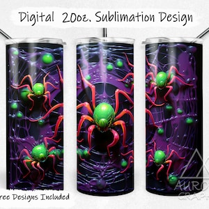 Spiders - Digital 20oz Skinny Tumbler Wrap 3D Neon Slime Webs Halloween Seamless Tapered Straight Sublimation Design PNG Instant Download