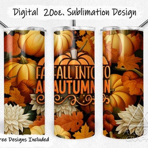 Fall Into Autumn - Digital 20oz Skinny Tumbler Wrap Flowers Pumpkins Floral Leaves Seamless Tapered Straight Design PNG Instant Download