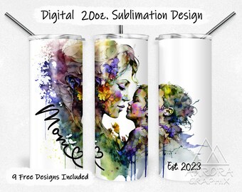 Mother's Day 2023  - Digital 20oz Skinny Tumbler Wrap Watercolor Mom & Baby Seamless Taper Straight Sublimation Design PNG Instant Download