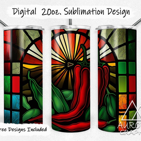 Stained Glass Chili Peppers - Digital 20oz Skinny Tumbler Wrap Spicy Hot Mess Seamless Tapered Straight Design Design PNG Instant Download
