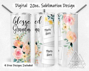 Blessed Grandma - 20oz Skinny Tumbler Wrap Wood Floral Photo Frame Seamless Tapered Straight Sublimation Design PNG Instant DIGITAL DOWNLOAD