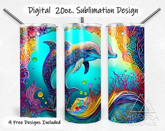 Neon Dolphin - Digital 20oz Skinny Tumbler Wrap Rainbow Under The Sea Ocean Animal Tapered Straight Sublimation Design PNG Instant Download
