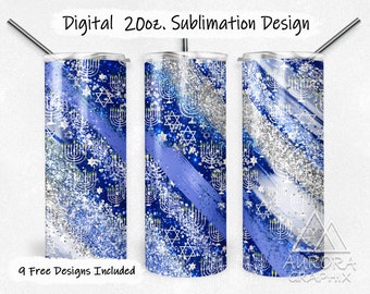 Hannukah - Digital 20oz Skinny Tumbler Wrap Star Of David Blue Silver Glitter Seamless Tapered Straight Design Design PNG Instant Download