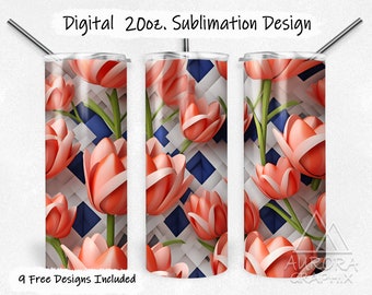 3D Tulip Flowers - Digital 20oz Skinny Tumbler Wrap Seamless Red White Blue Floral Pattern Straight Sublimation Design PNG Instant Download