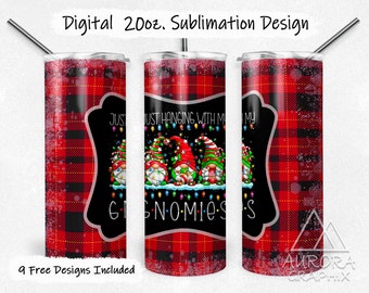 Hanging with My Gnomies - Digital 20oz Skinny Tumbler Wrap Red Checkered Plaid Seamless Tapered Straight Design Design PNG Instant Download