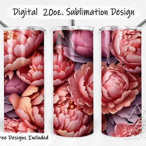 3D Peony Flowers - Digital 20oz Skinny Tumbler Wrap Seamless Pink Peonies Floral Pattern Straight Sublimation Design PNG Instant Download