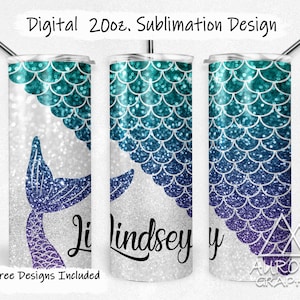 Teal Mermaid - Digital 20oz Skinny Tumbler Wrap Glitter Ombre Purple Mermaid Scales Seamless Tapered Straight Design PNG Instant Download