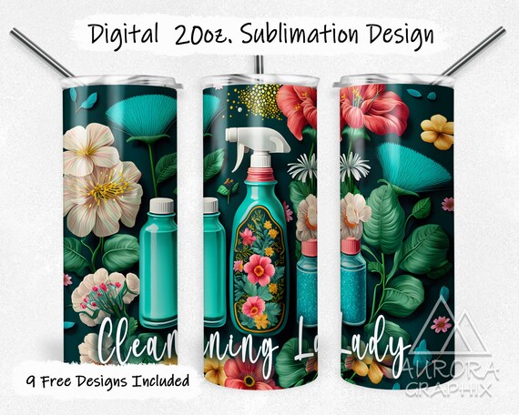 Cleaning Lady - Digital 20oz Skinny Embroidered Tumbler Wrap Maid House Cleaner Floral Flowers Tapered Straight Design PNG Instant Download