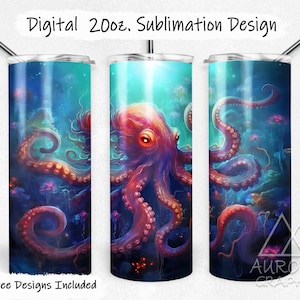Puede incluir: Diseño de sublimación para un vaso de 20 oz con un pulpo colorido con tentáculos en una escena submarina azul y morada. El diseño incluye el texto "Digital 20oz. Sublimation Design".