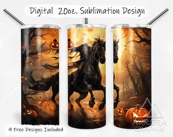 Headless Horseman - Digital 20oz Skinny Tumbler Wrap Sleepy Hallow Halloween Pumpkin Forest Taper Straight Design PNG Instant Download