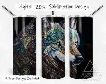 Tribal Wolf - Digital 20oz Skinny Tumbler Wrap Native American Beaded Nature Tapered Straight Sublimation Design PNG Instant Download