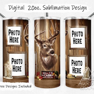 Hunting Cabin 20oz Skinny Tumbler Wrap Deer Mount Photo Frame Seamless Tapered Straight Sublimation Design PNG Instant DIGITAL DOWNLOAD