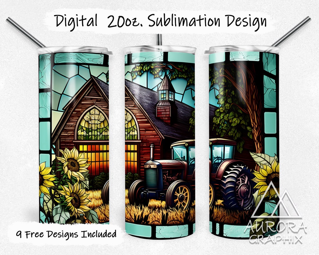 Stained Glass Tractor Farm Digital 20oz Skinny Tumbler Wrap Western ...