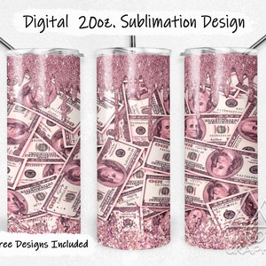 Pink Money - Digital 20oz Skinny Tumbler Wrap Hundred Dollar Bills Glitter Seamless Tapered Straight Design Design PNG Instant Download