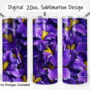 May include: A sublimation design featuring a close-up of purple and yellow flowers. The design is for a 20oz tumbler.