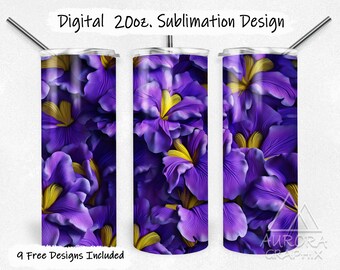 3D Iris Flowers - Digital 20oz Skinny Tumbler Wrap Seamless Purple Spring Floral Pattern Straight Sublimation Design PNG Instant Download