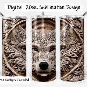 May include: A sublimation design for a 20oz tumbler featuring a detailed, carved-looking wolf's face in shades of brown and beige. The wolf's face is surrounded by intricate floral designs.