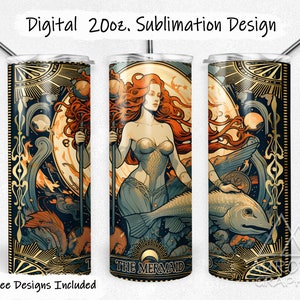 Meerjungfrau Tarot Karte - Digitale 20 Unzen Skinny Tumbler Wrap Siren Schönheit Fantasy Celestial Taper Gerade Sublimation Design PNG Instant Download