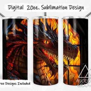 Peut inclure: Un design de sublimation pour un gobelet de 20 oz représentant un gros plan d'une tête de dragon rouge et noir avec des flammes en arrière-plan. Le motif est placé sur un effet de vitrail.