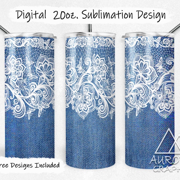 Denim & Lace - Digital 20oz Skinny Tumbler Wrap Sublimation Vintage White Lace Seamless Tapered Straight Design Design PNG Instant Download