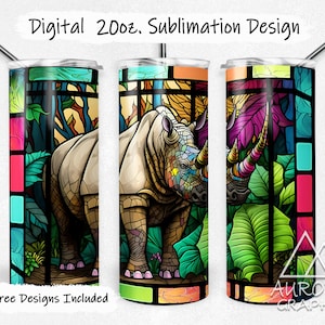 Rhino- Digital 20oz Skinny Stained Glass Tumbler Wrap Jungle Floral Safari Rhinocerous Seamless Tapered Straight Design PNG Instant Download