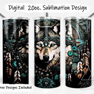 May include: A sublimation design for a 20 oz. tumbler featuring a wolf with a turquoise and brown headdress. The wolf's eyes are blue and the background is black. The design includes feathers and other tribal elements.