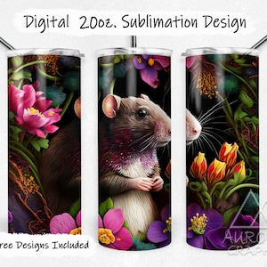May include: A sublimation design for a 20 oz tumbler featuring a rat with pink, purple, and yellow flowers. The design is on a black background. "Digital 20oz. Sublimation Design" and "9 Free Designs Included" are written on the image.