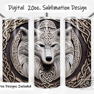 May include: A sublimation design for a 20 oz. tumbler featuring a white wolf head with intricate Celtic knotwork in brown and gold tones. The design is perfect for creating custom tumblers.