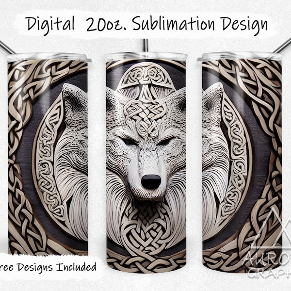 Celtic Style Carved Wolf- Digital 20oz Skinny Tumbler Wrap Ornate Seamless Tapered Straight Sublimation Design PNG Instant Download